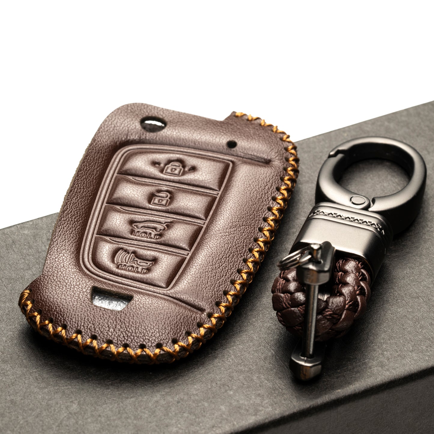 Vitodeco Leather Key Fob Case Compatible for Hyundai Accent, Kona, Santa Fe, Tucson, Venue, Sonata, Veloster 2018-2022, 4-Button