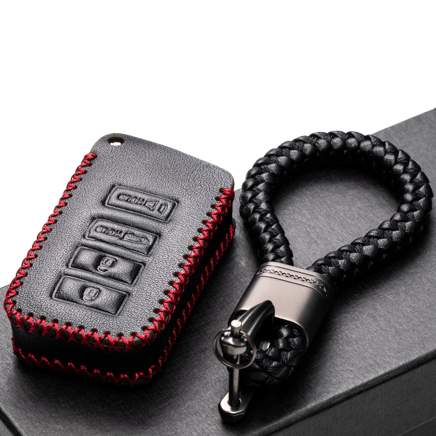 Vitodeco Leather Key Fob Case Compatible for 2014-2021 Lexus UX, NX, RX, GX, LX, IS, ES, GS, LS with Braid Key Strap, 4-Button