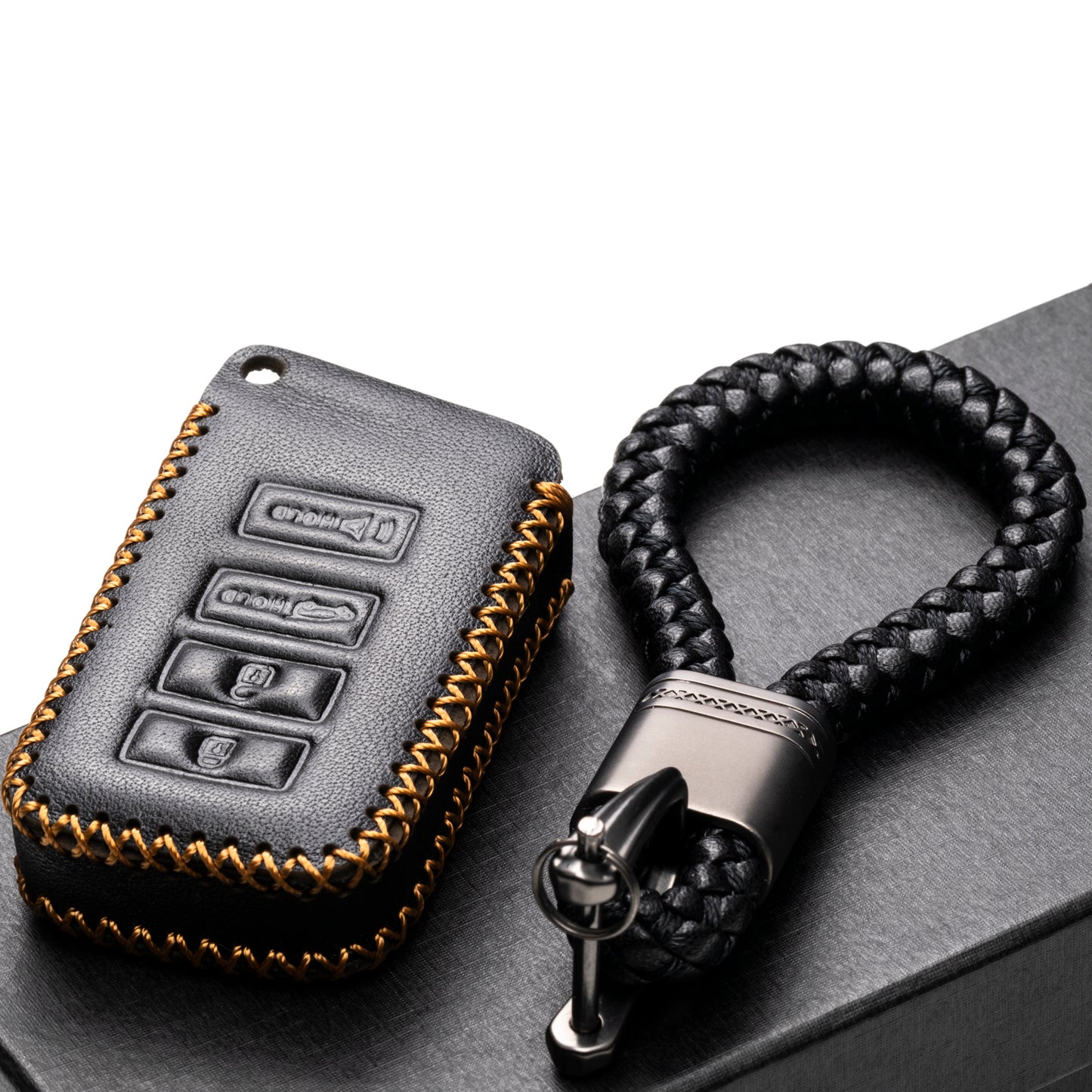 Vitodeco Leather Key Fob Case Compatible for 2014-2021 Lexus UX, NX, RX, GX, LX, IS, ES, GS, LS with Braid Key Strap, 4-Button