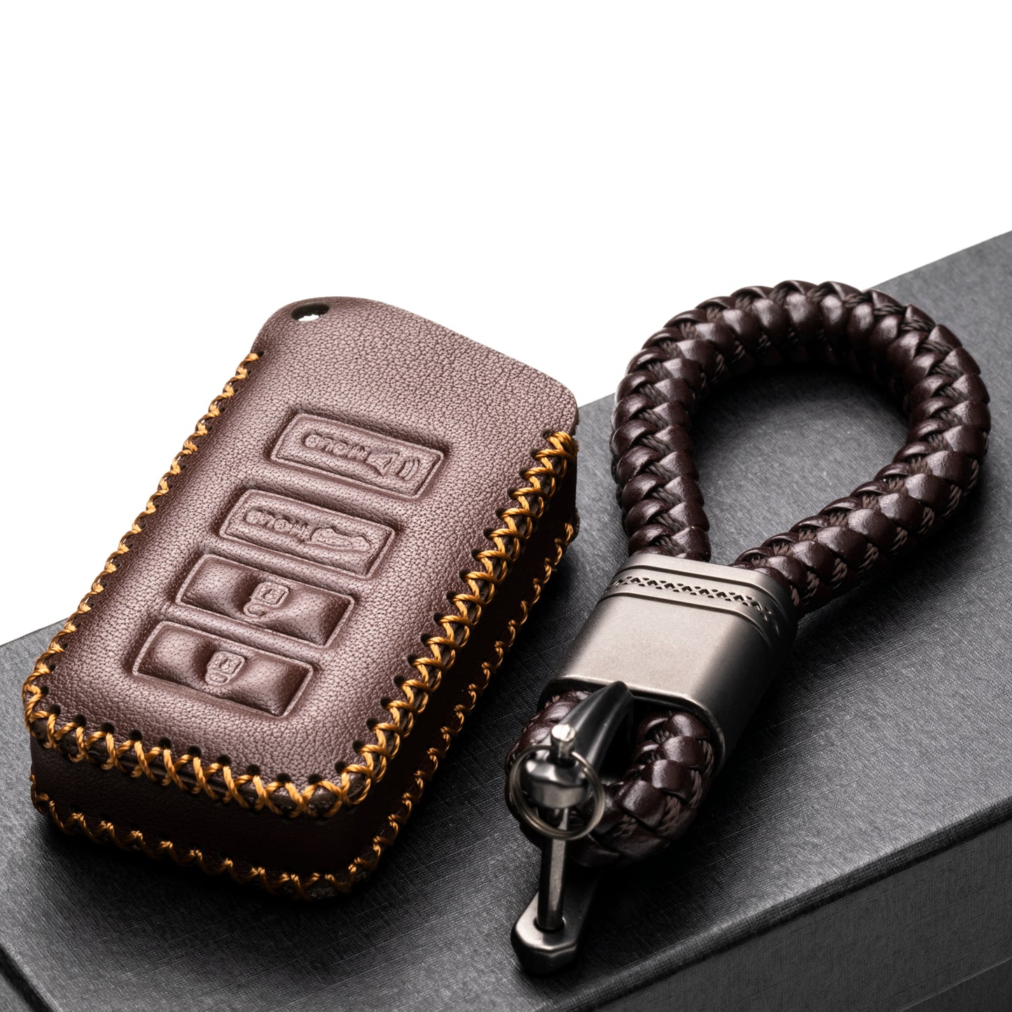 Vitodeco Leather Key Fob Case Compatible for 2014-2021 Lexus UX, NX, RX, GX, LX, IS, ES, GS, LS with Braid Key Strap, 4-Button
