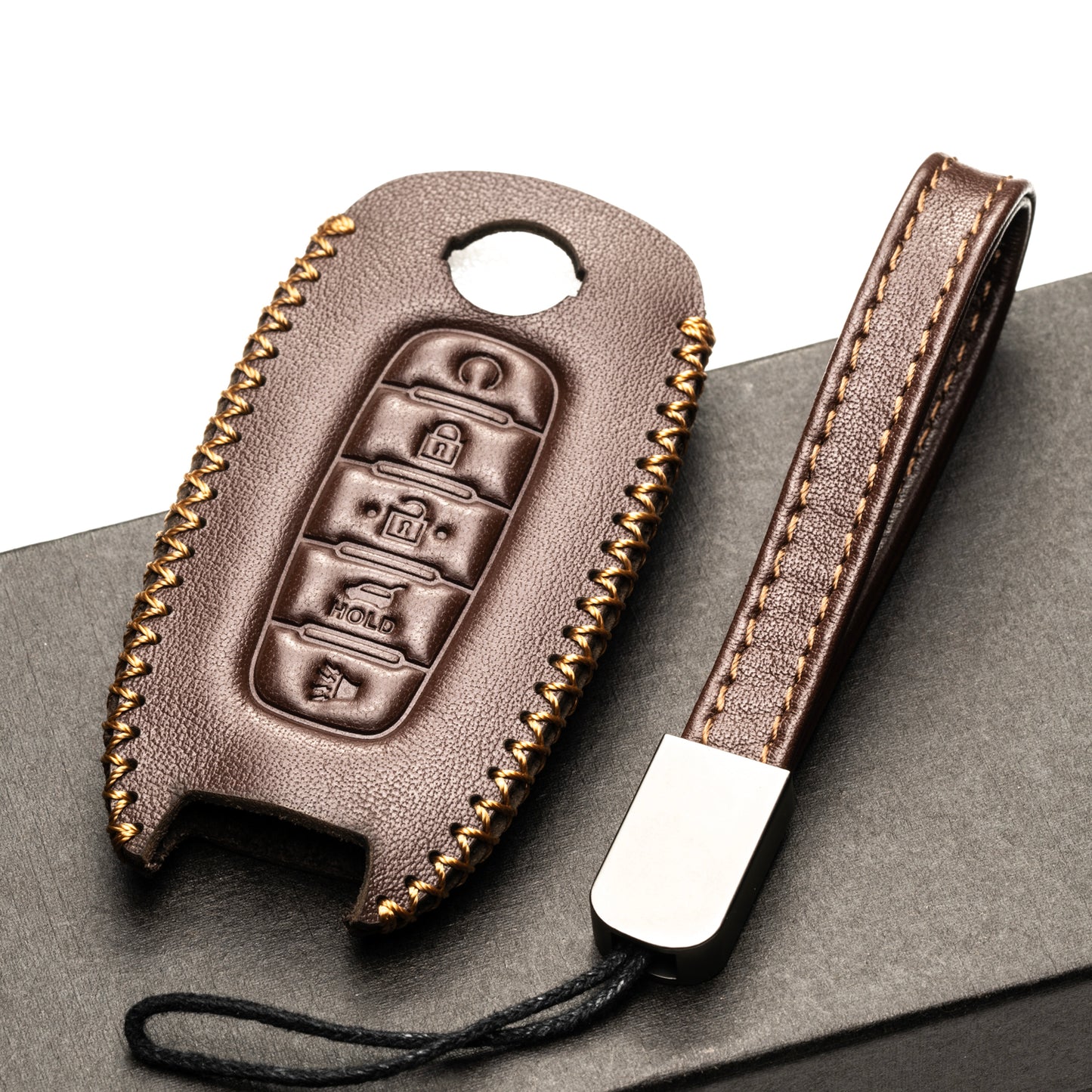 Vitodeco Genuine Leather Smart Key Fob Case Compatible with Nissan Sentra, Versa, Rogue, Pathfinder, Murano, Kicks, Ariya, Armada, 5-Button