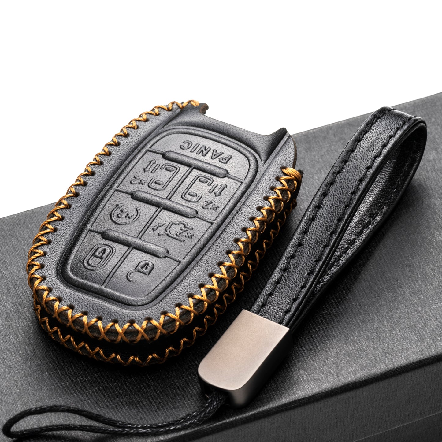 Vitodeco Genuine Leather Smart Key Fob Case Cover Protector with Leather Key Clap Compatible for Chrysler Pacifica 2017 - 2026, 7-Button