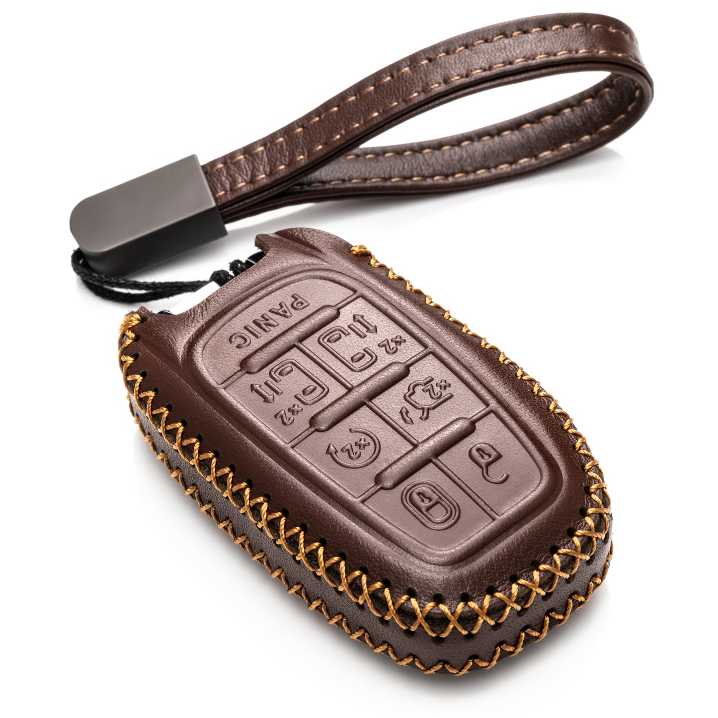 Vitodeco Genuine Leather Smart Key Fob Case Cover Protector with Leather Key Clap Compatible for Chrysler Pacifica 2017 - 2026, 7-Button
