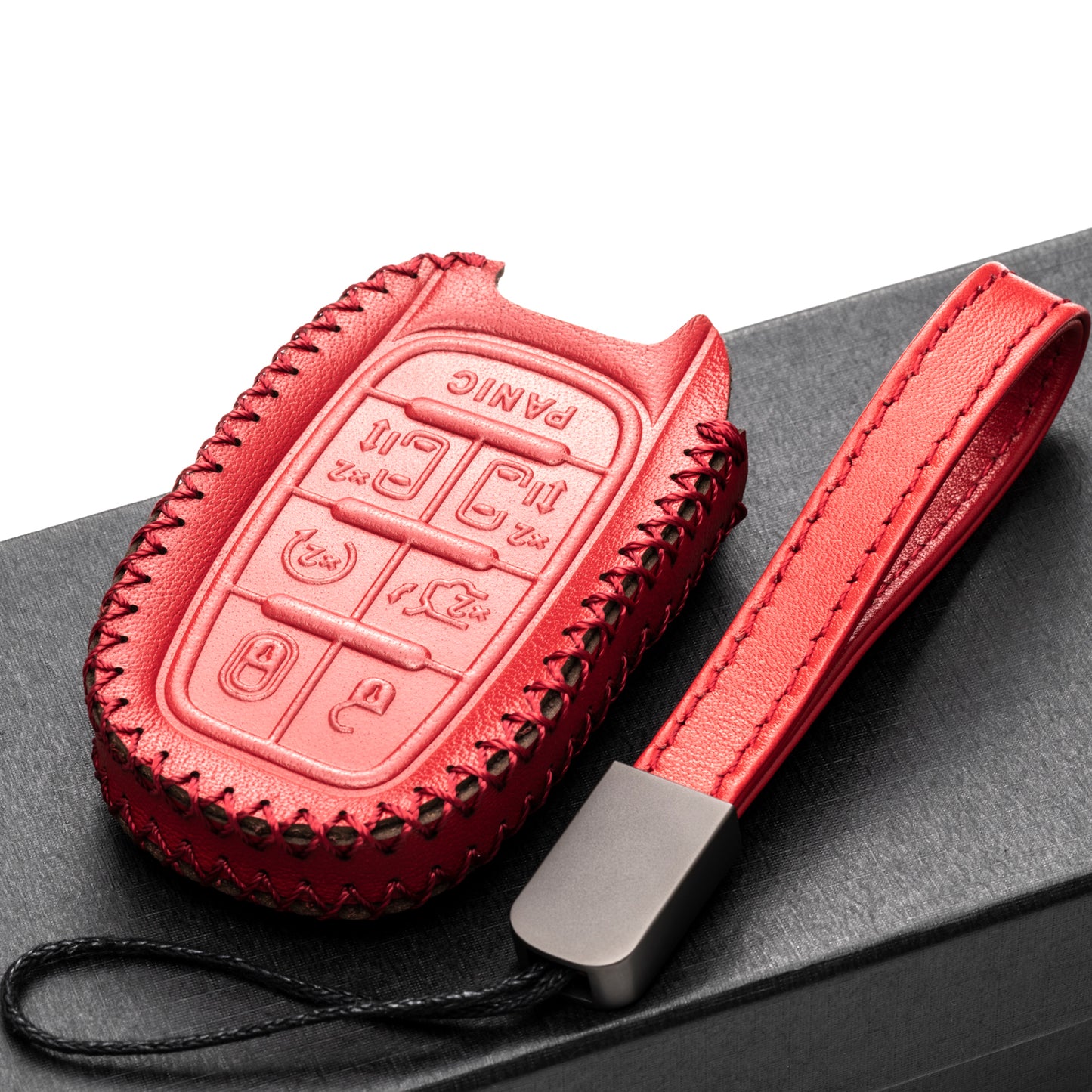 Vitodeco Genuine Leather Smart Key Fob Case Cover Protector with Leather Key Clap Compatible for Chrysler Pacifica 2017 - 2026, 7-Button