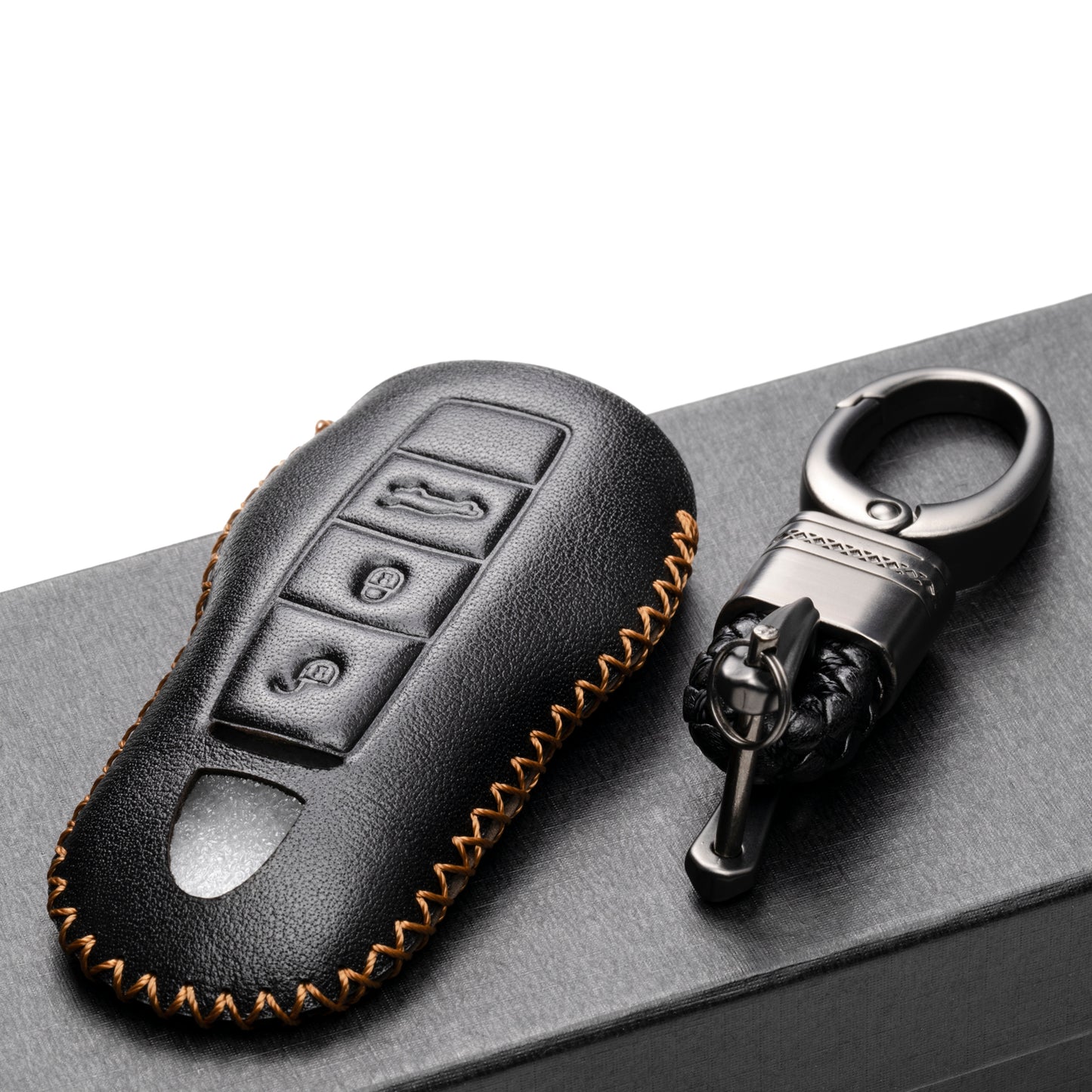 Vitodeco Leather Key Case Compatible for Porsche Panamera, Macan, Cayenne, 911, 3-Button