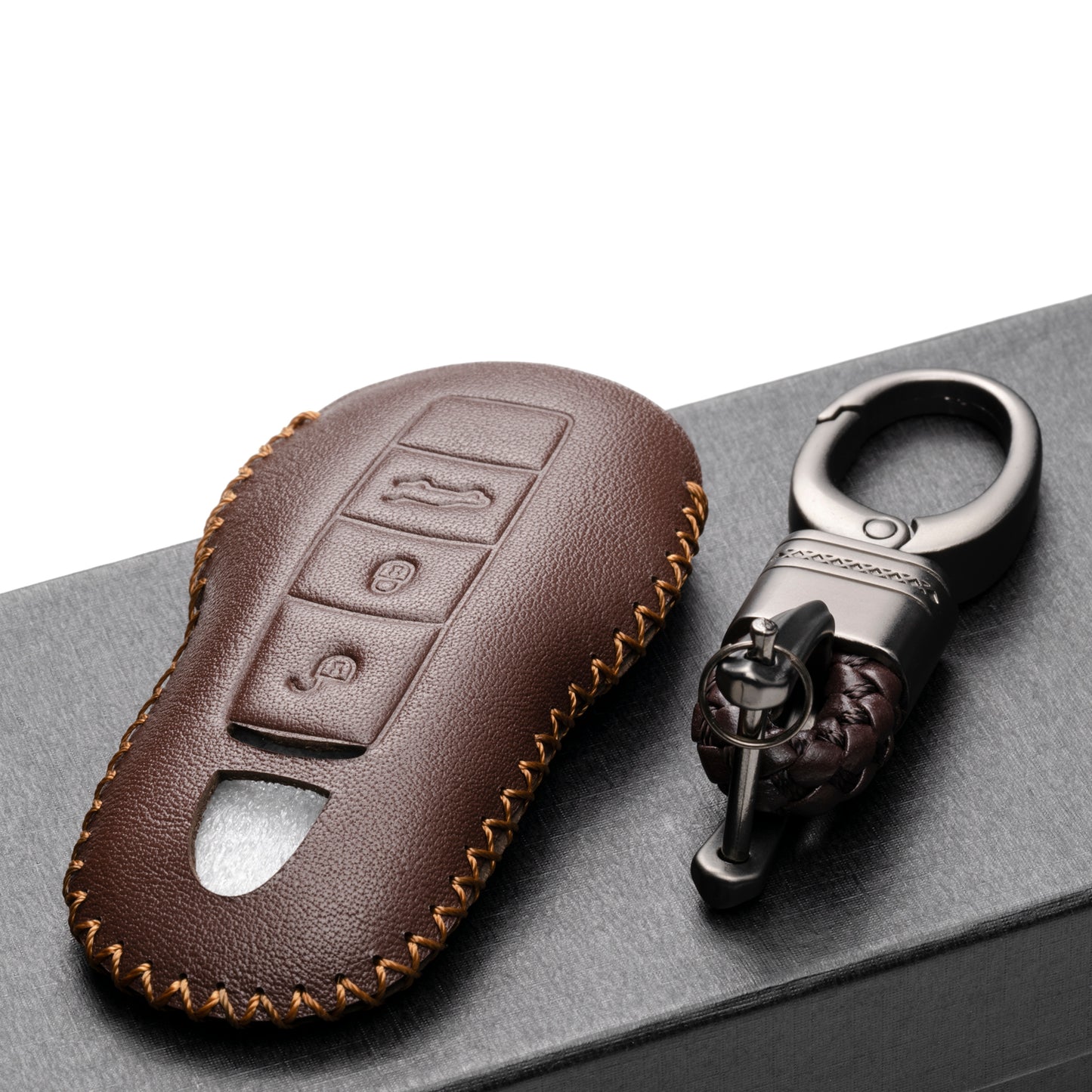 Vitodeco 3-Button Genuine Leather Keyless Entry Remote Control Smart Key Case Cover Compatible for Porsche Panamera, Macan, Cayenne, 911