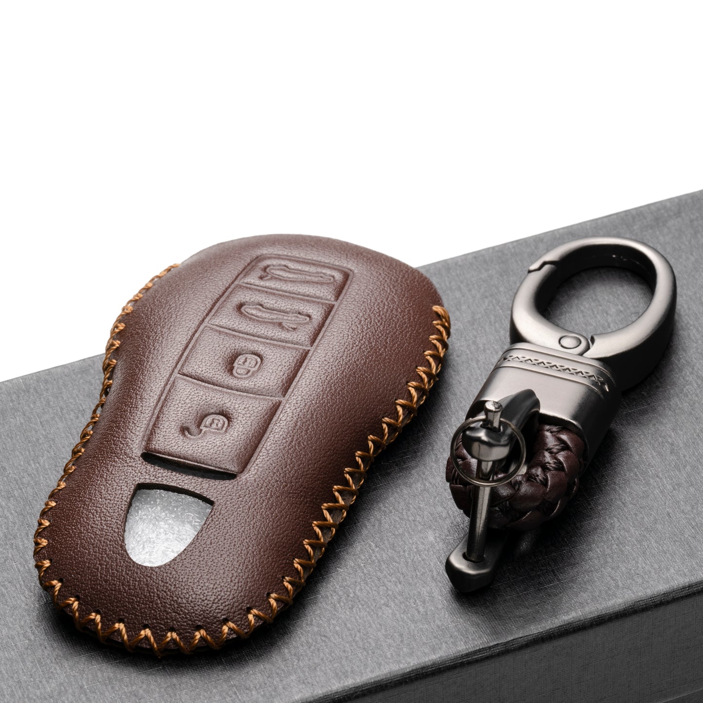 Vitodeco Leather Key Case Compatible for Porsche 718 Cayman, 718 Boxster, 718 GTS, 4-Button
