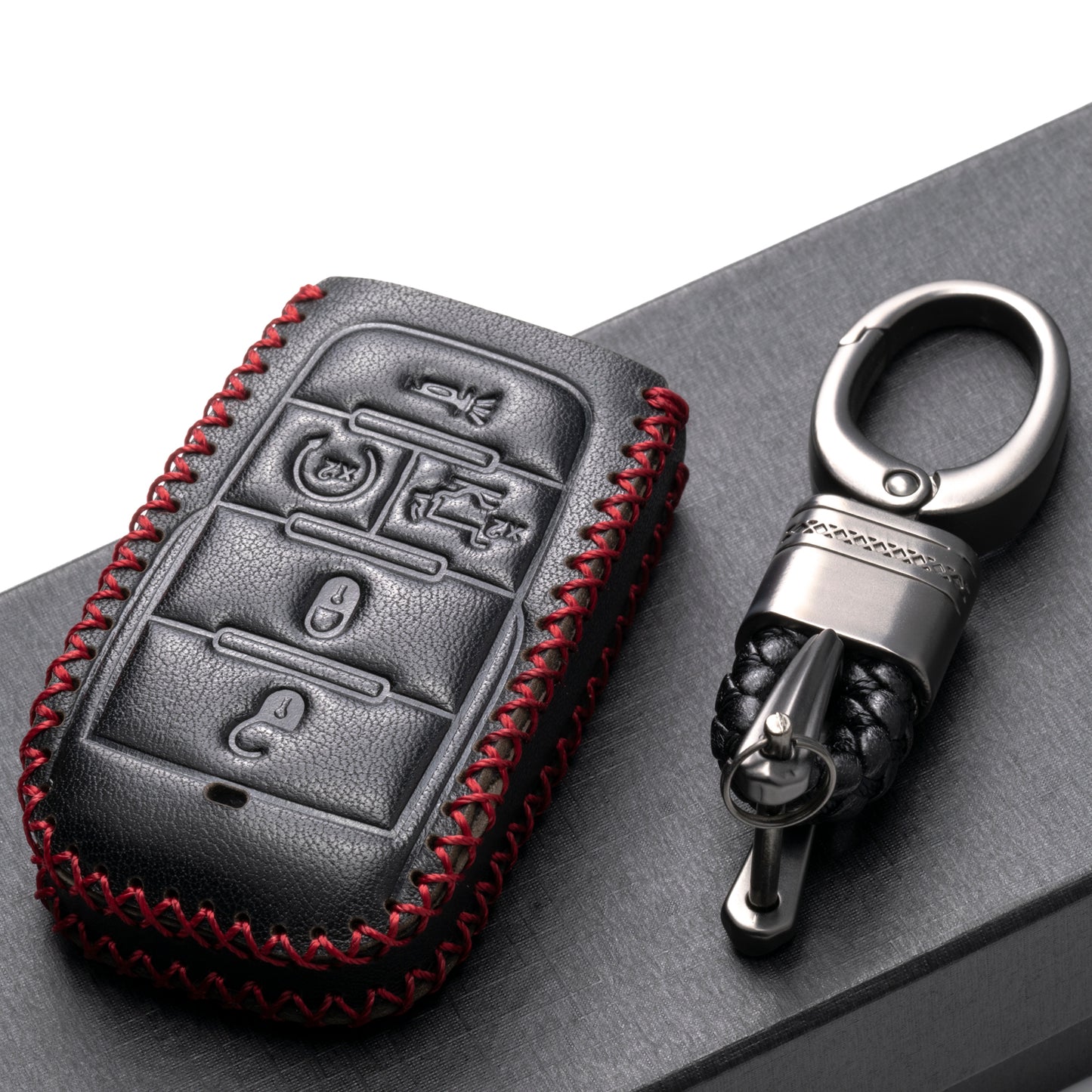 Vitodeco Genuine Leather Smart Key Fob Case Cover Protector Compatible with RAM 1500, RAM 2500, RAM 3500 2019 - 2026 (5-Button with Tailgate, Black)