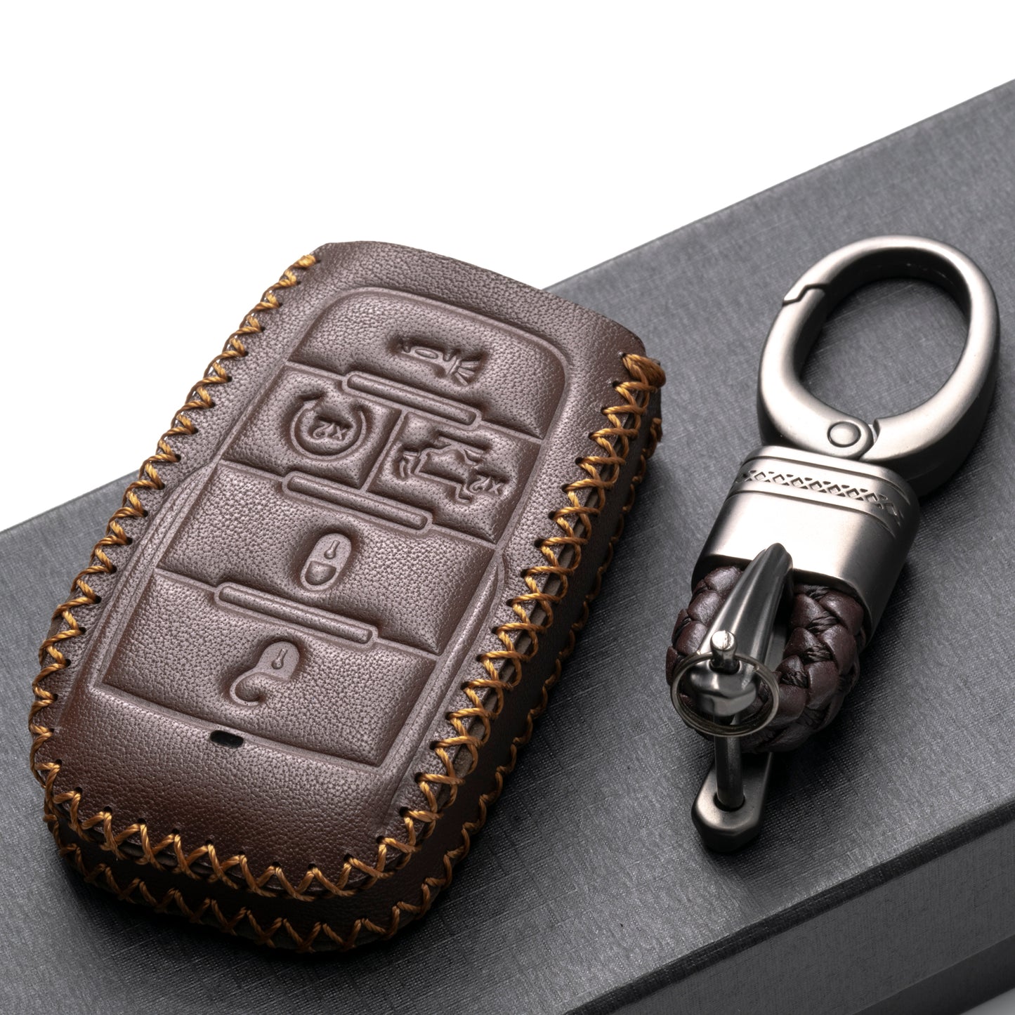 Vitodeco Genuine Leather Smart Key Fob Case Cover Protector Compatible with RAM 1500, RAM 2500, RAM 3500 2019 - 2026 (5-Button with Tailgate, Black)