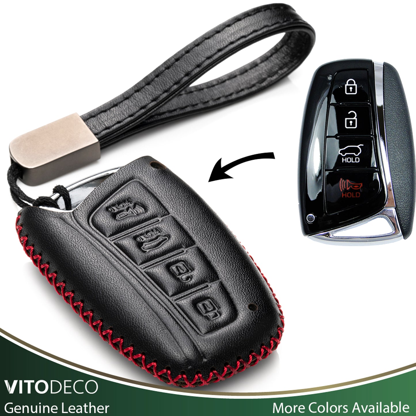 Vitodeco Leather Key Fob Case Compatible for 2013-2017 Hyundai Santa FE, 4-Button