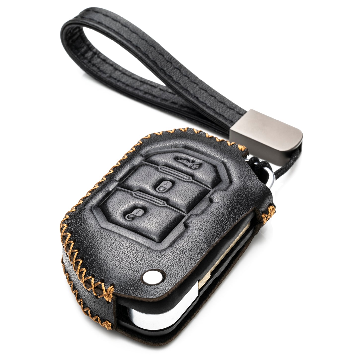 Vitodeco 3-Button Genuine Leather Flip Key Fob Case Cover Protector with Leather Key Strap Compatible for 2018-2024 Jeep Wrangler