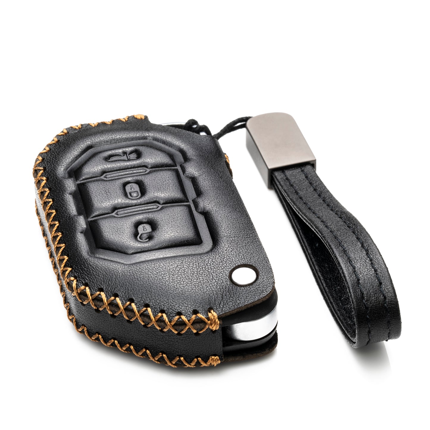 Vitodeco 3-Button Genuine Leather Flip Key Fob Case Cover Protector with Leather Key Strap Compatible for 2018-2024 Jeep Wrangler