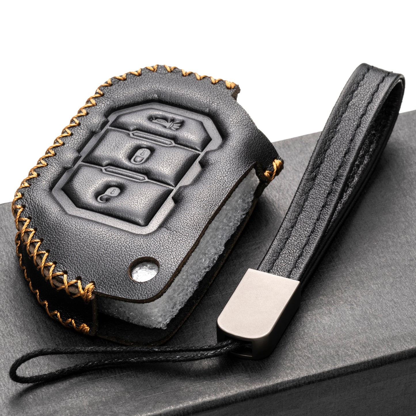 Vitodeco Leather Key Fob Case Compatible for 2018-2024 Jeep Wrangler, 3-Button
