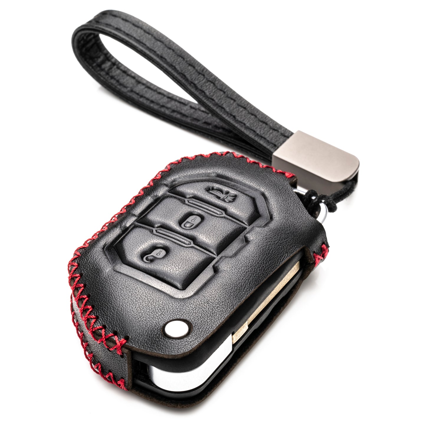 Vitodeco 3-Button Genuine Leather Flip Key Fob Case Cover Protector with Leather Key Strap Compatible for 2018-2024 Jeep Wrangler