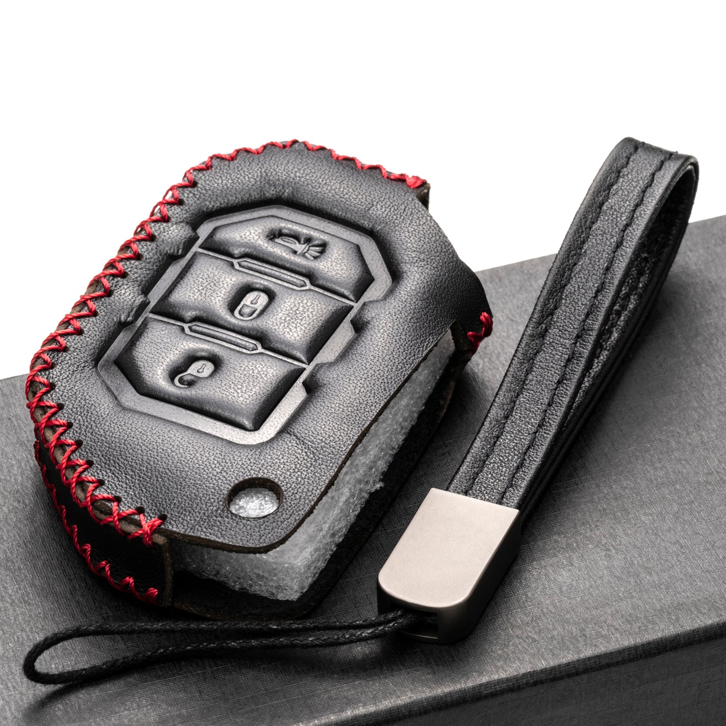 Vitodeco 3-Button Genuine Leather Flip Key Fob Case Cover Protector with Leather Key Strap Compatible for 2018-2024 Jeep Wrangler