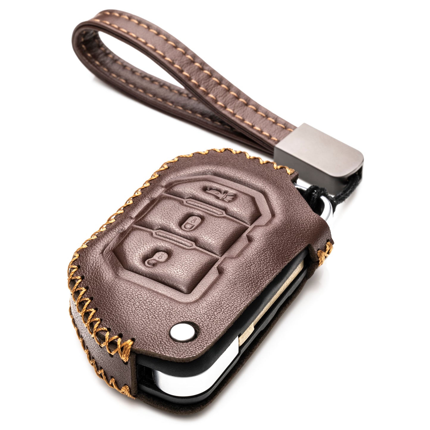 Vitodeco 3-Button Genuine Leather Flip Key Fob Case Cover Protector with Leather Key Strap Compatible for 2018-2024 Jeep Wrangler