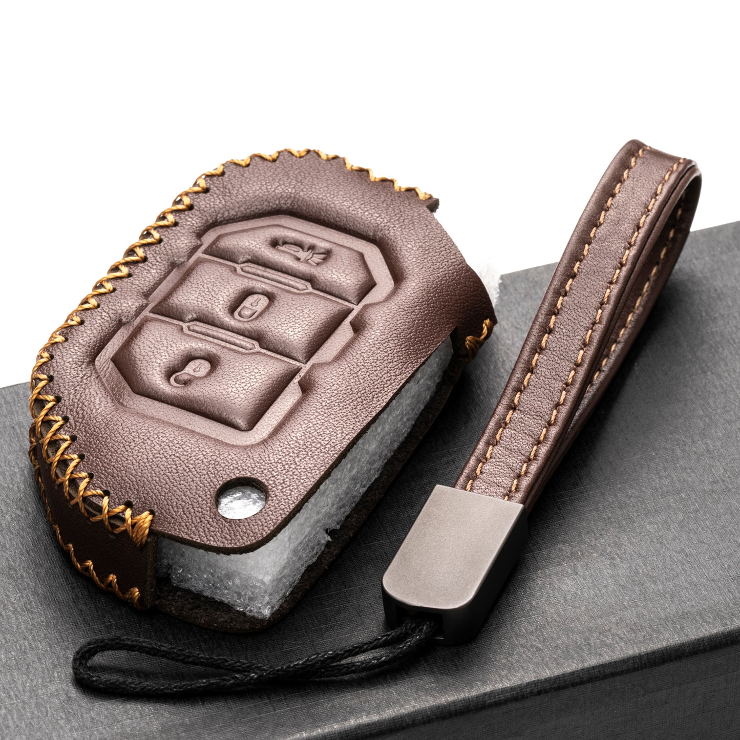 Vitodeco 3-Button Genuine Leather Flip Key Fob Case Cover Protector with Leather Key Strap Compatible for 2018-2024 Jeep Wrangler