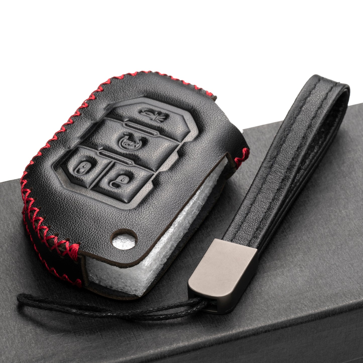 Vitodeco Leather Key Fob Case Compatible for 2018-2024 Jeep Wrangler, 4-Button
