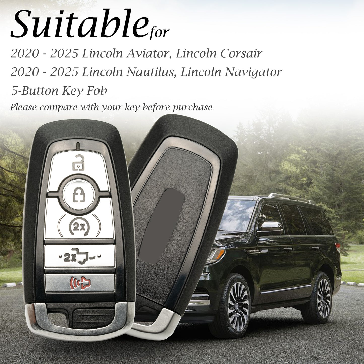Vitodeco Superior Leather Key Fob Case Compatible for Lincoln Aviator 2020-2025, Lincoln Corsair 2020-2025, Lincoln Nautilus 2020-2025, Lincoln Navigator 2020-2025, 5-Button