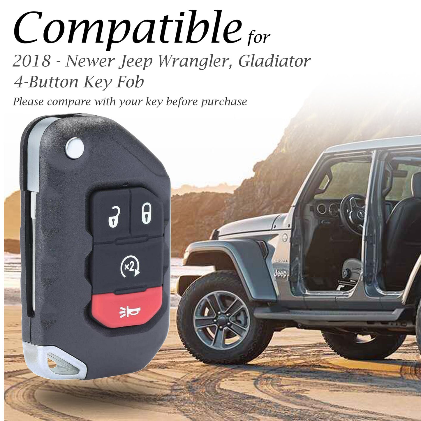 Vitodeco Genuine Leather Flip Key Fob Case Cover Protector Compatible for Jeep Wrangler, Gladiator (2018 - 2026 Models) - 4 Buttons