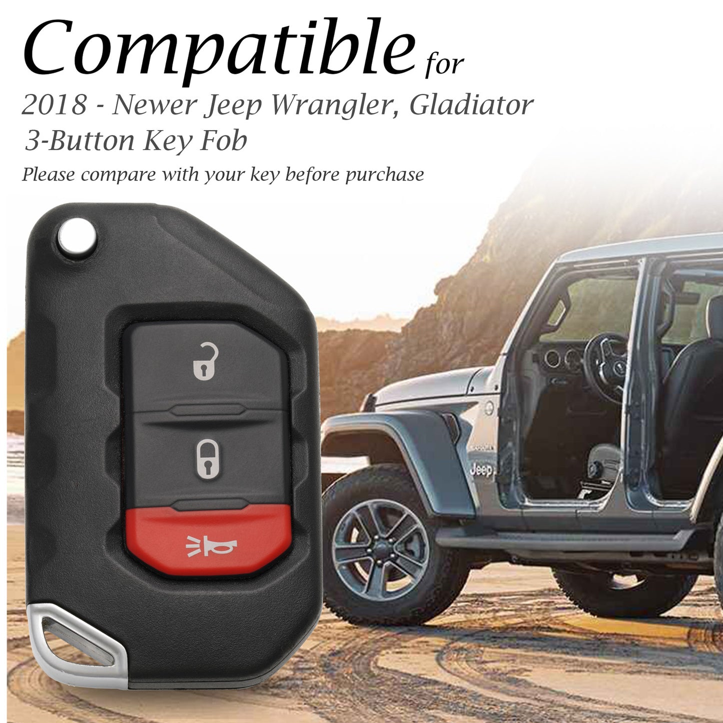 Vitodeco Genuine Leather Flip Key Fob Case Cover Protector Compatible for Jeep Wrangler, Gladiator (2018 - 2026 Models) - 3 Buttons