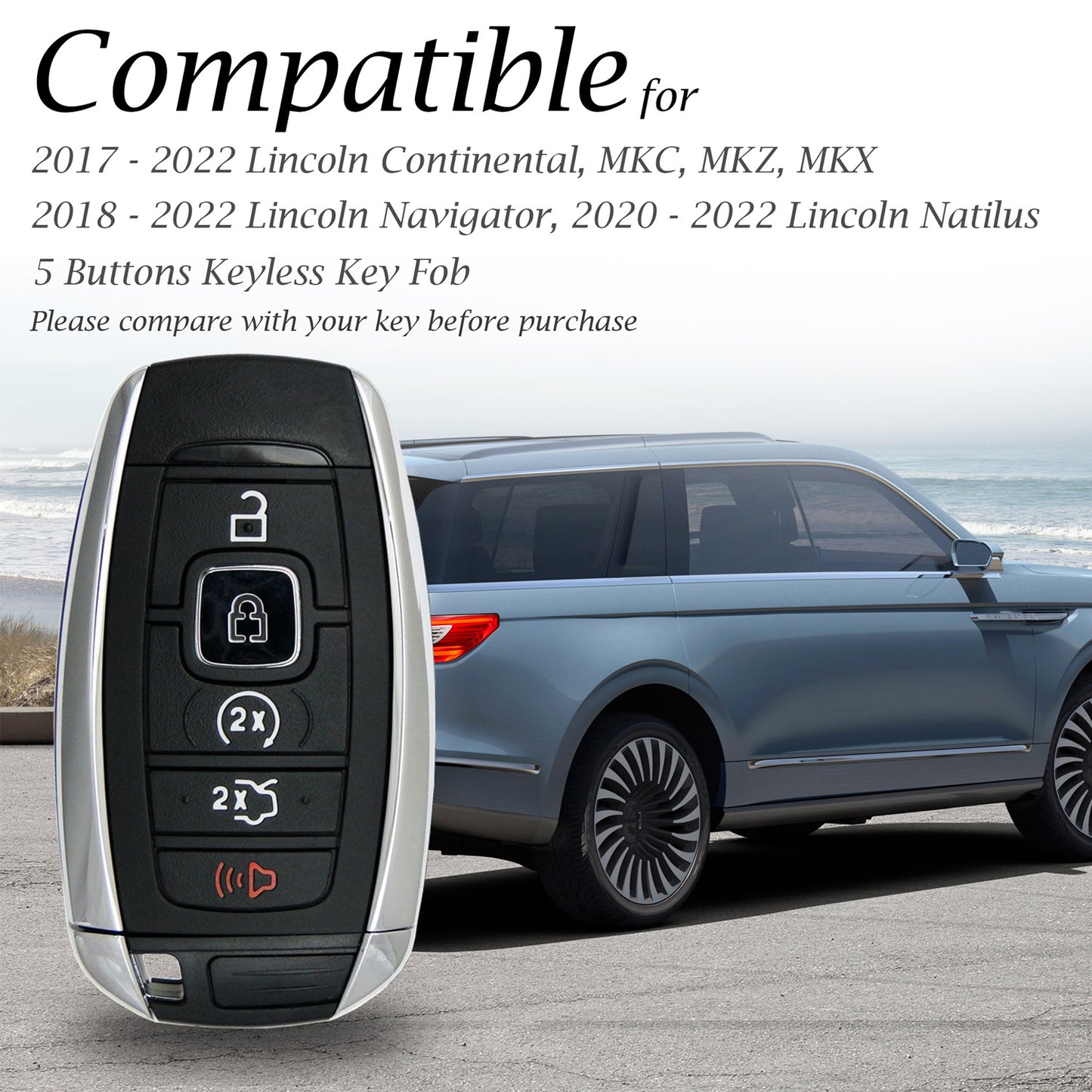 Vitodeco Genuine Leather Smart Key Fob Case Cover Compatible with Lincoln Continental, MKC, MKZ, MKX (2017 - 2022), Navigator (2018 - 2022), Nautilus (2020 - 2022) - 5 Buttons
