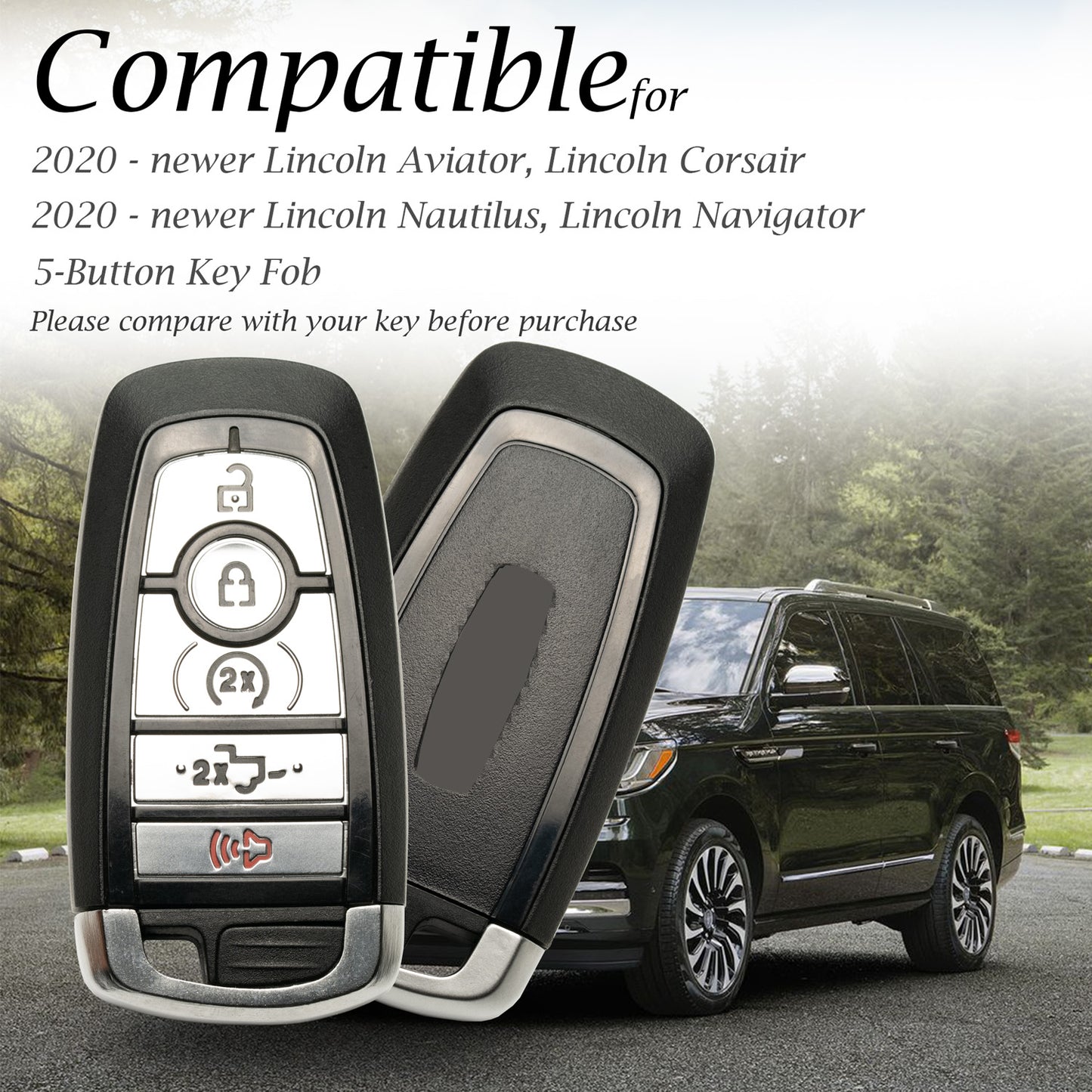 Vitodeco Genuine Leather Smart Key Fob Case Cover Protector Compatible with Lincoln Aviator, Corsair, Nautilus, Navigator (2020-2026 Models) - 5 Buttons