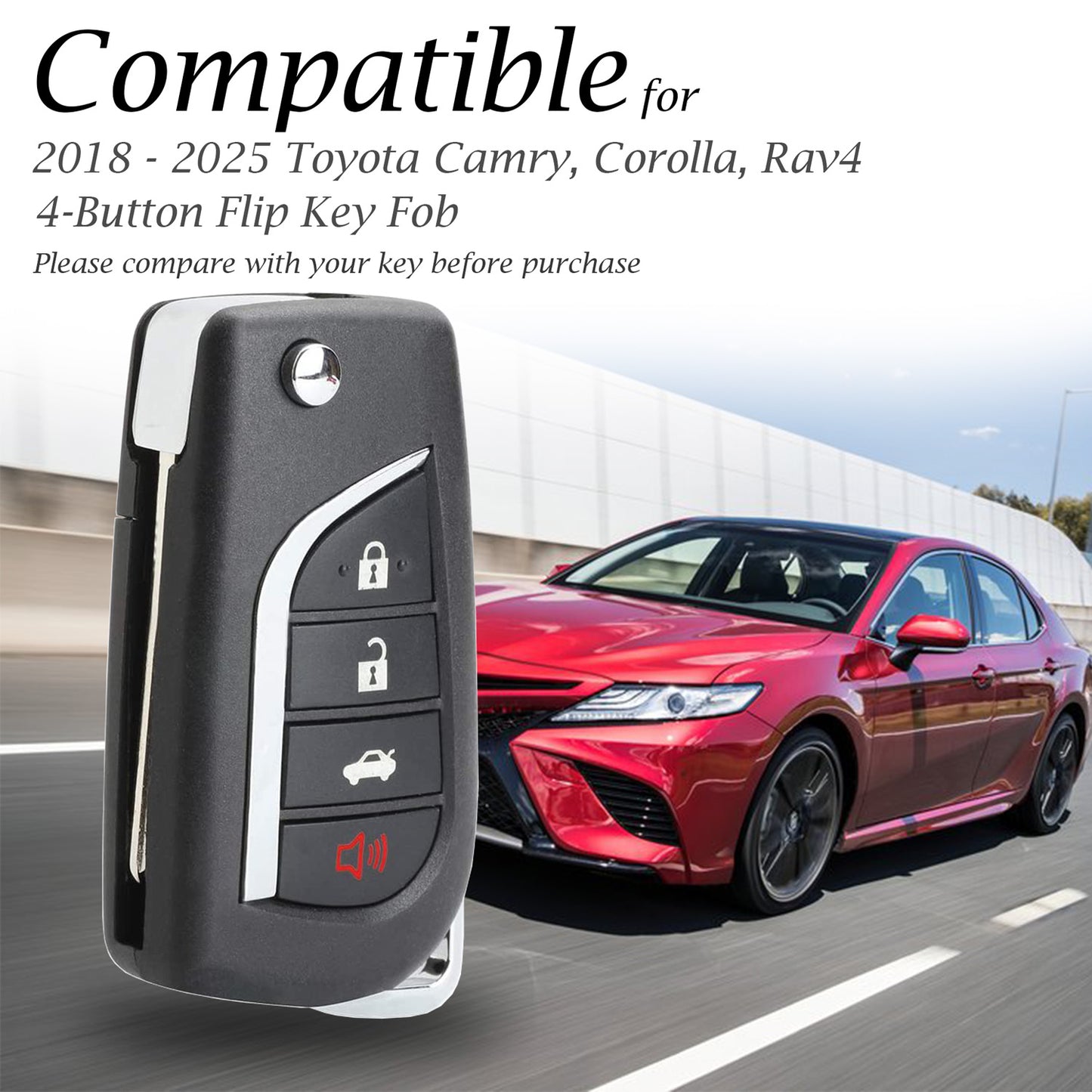 Vitodeco Genuine Leather Flip Key Fob Case Cover Protector with Key Chain Compatible for 2018 - 2025 Toyota Camry, Corolla, 4-Button
