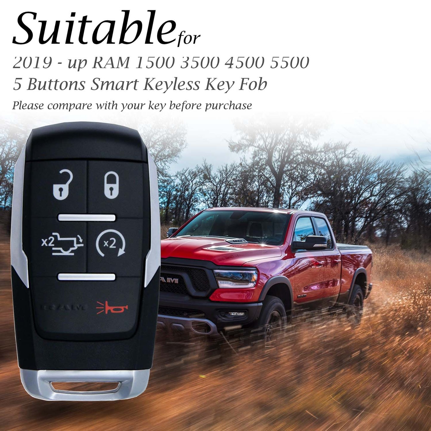 Vitodeco Superior Leather Key fob case compatible for RAM 2500, 3500, 4500, 5500 2019-2025, 5-Button