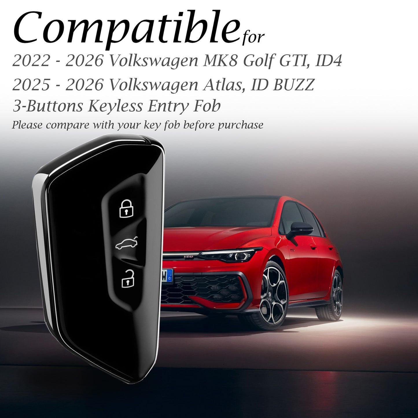 Vitodeco Genuine Leather Smart Key Fob Case Cover Protector Compatible with Volkswagen MK8 Golf GTI, ID4, Atlas ID Buzz (2022-2026 Models) - 3-Button