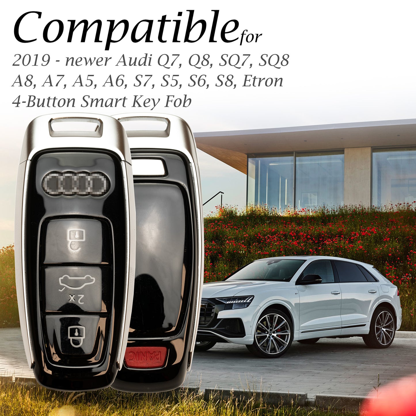 Vitodeco Leather Key Fob Case Compatible for Audi Q7, Q8, SQ7, SQ8, A7, A8, A5, A6, S7, S5, S6, S8 2019-2024, 4-Button