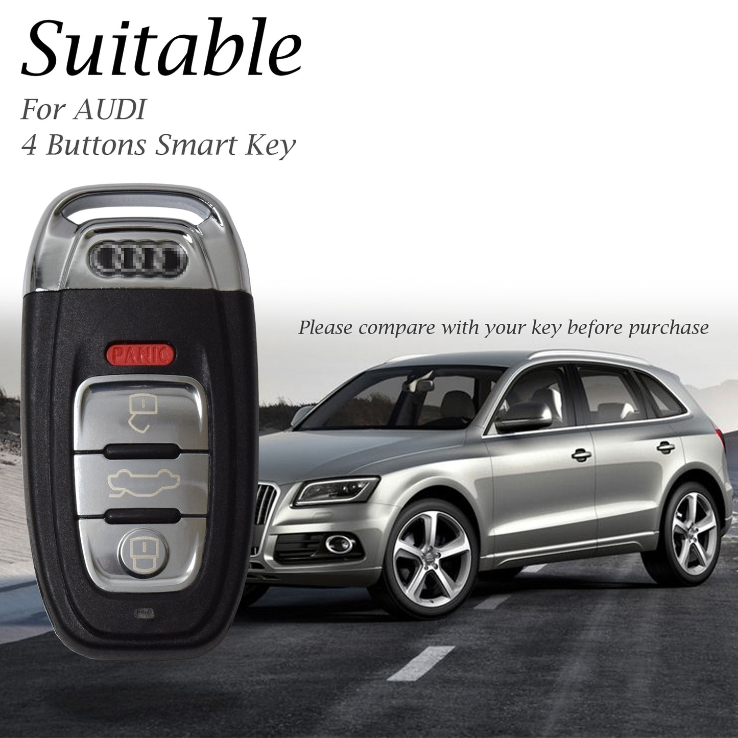 Vitodeco Leather Smart Key Fob Case Cover Protector with Leather Strap Compatible for Audi A3, A4, A5, A6, A7, S5, S7, Q5, RS - 4-Button