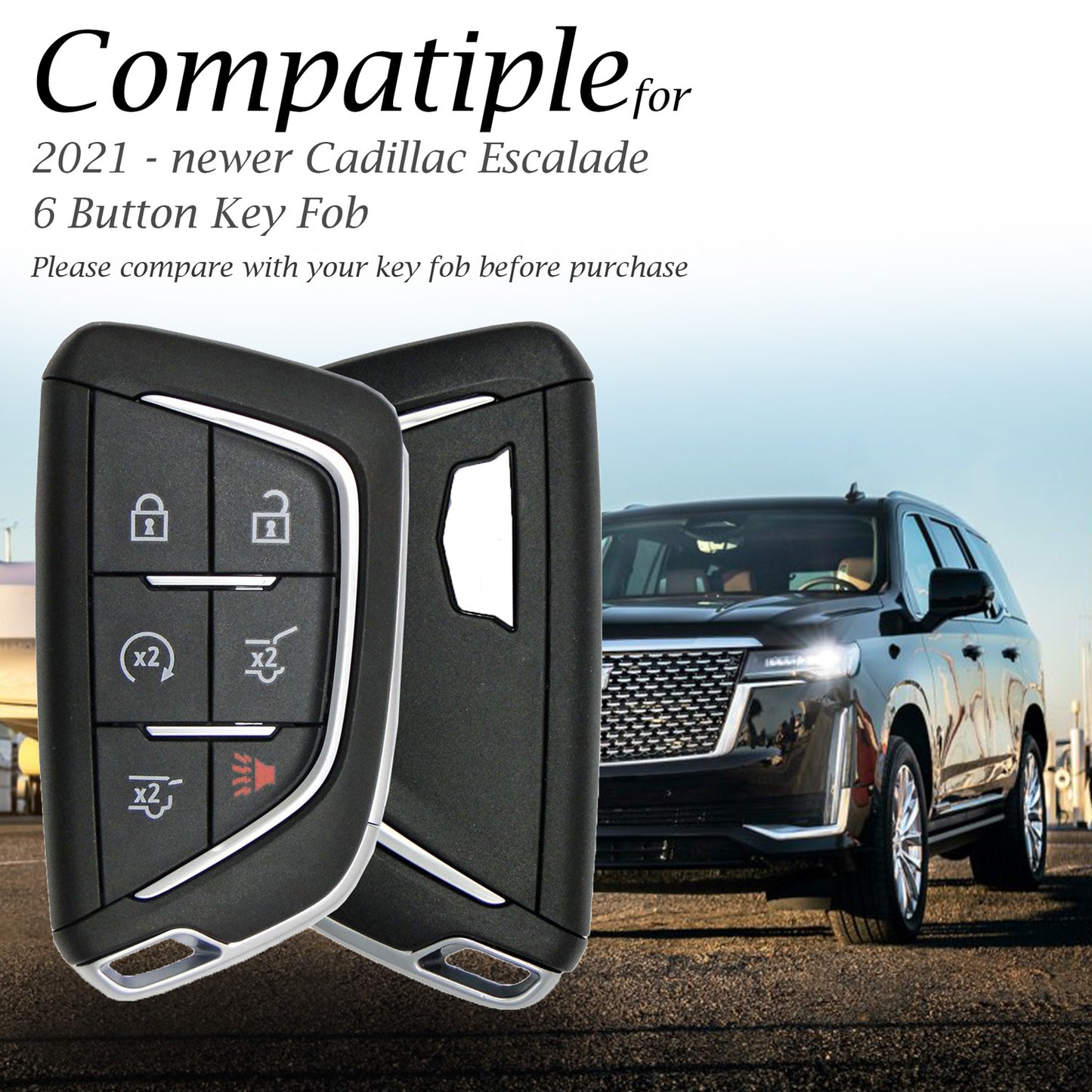 Vitodeco Leather Key Fob Remote Case Cover Protector Compatible for Cadillac ESCALADE, ESCALADE IQL, ESCALADE IQ, ESCALADE ESV, ESCALADE-V, ESCALADE-V ESV (2021-2026 Models) - 6-Button