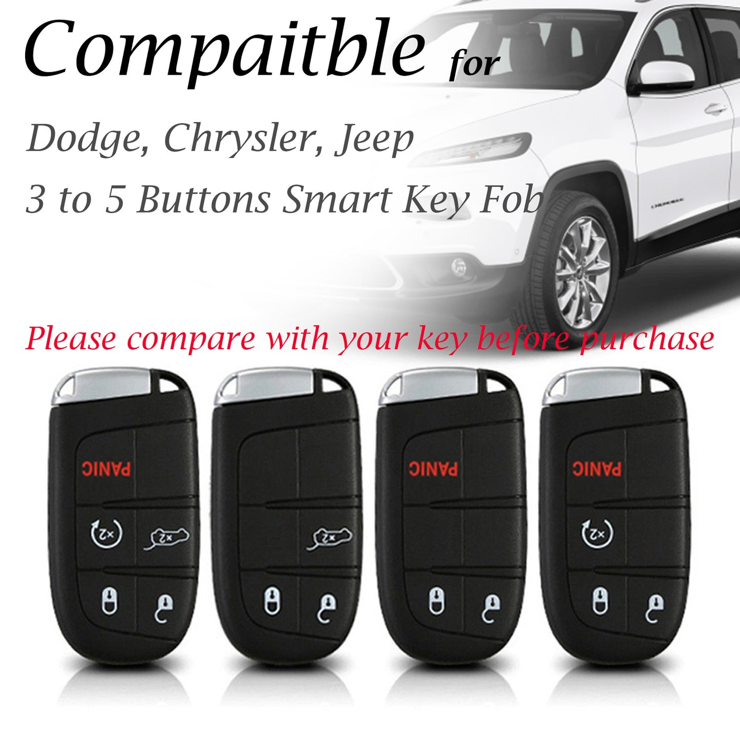 Vitodeco Genuine Leather Smart Key Keyless Remote Entry Fob Case Cover Compatible for Jeep, Dodge, Chrysler (2014 - 2022 Models) - 3 to 5 Buttons