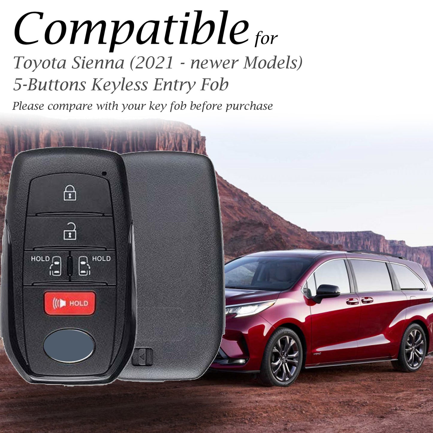 Vitodeco Genuine Leather Smart Key Fob Case Cover Protector Compatible for Toyota Sienna (2021 - 2026 Models) - 5-Button