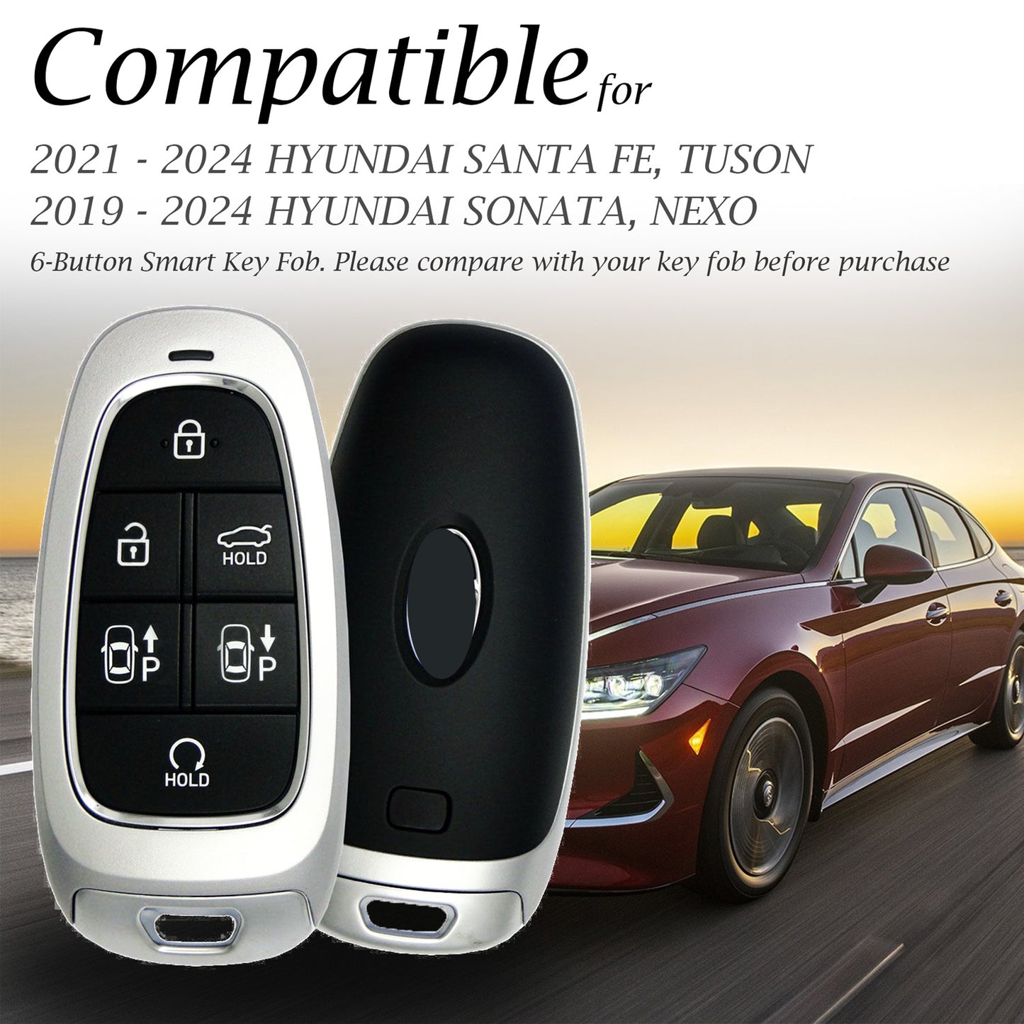 Vitodeco Leather Smart Key Fob Case Cover Protector Compatible with Tucson, Santa FE, Sonata, Nexo (2019 - 2024 Models) - 6-Button