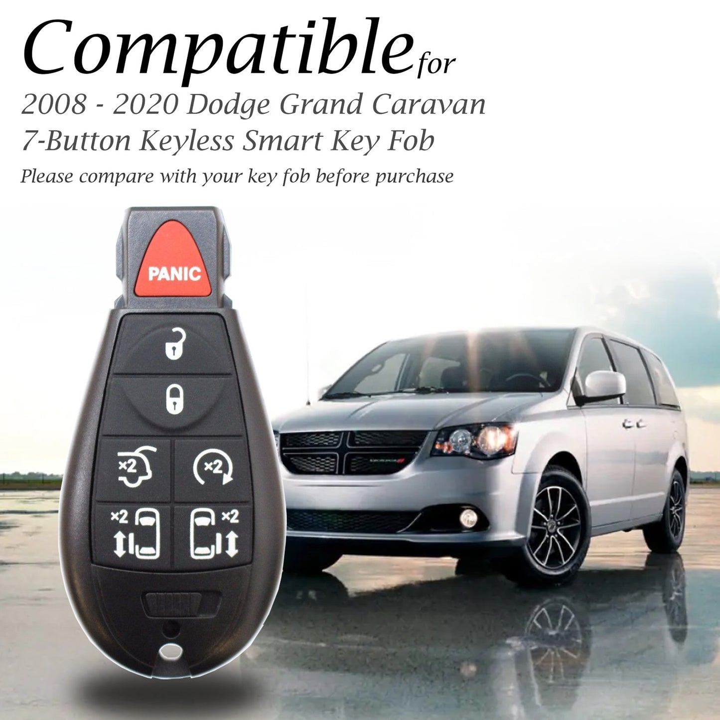 Vitodeco Genuine Leather Smart Key Fob Case Cover Protector with Leather Key Chain Compatible for Dodge Grand Caravan (2008 - 2020 Models) - 7-Button