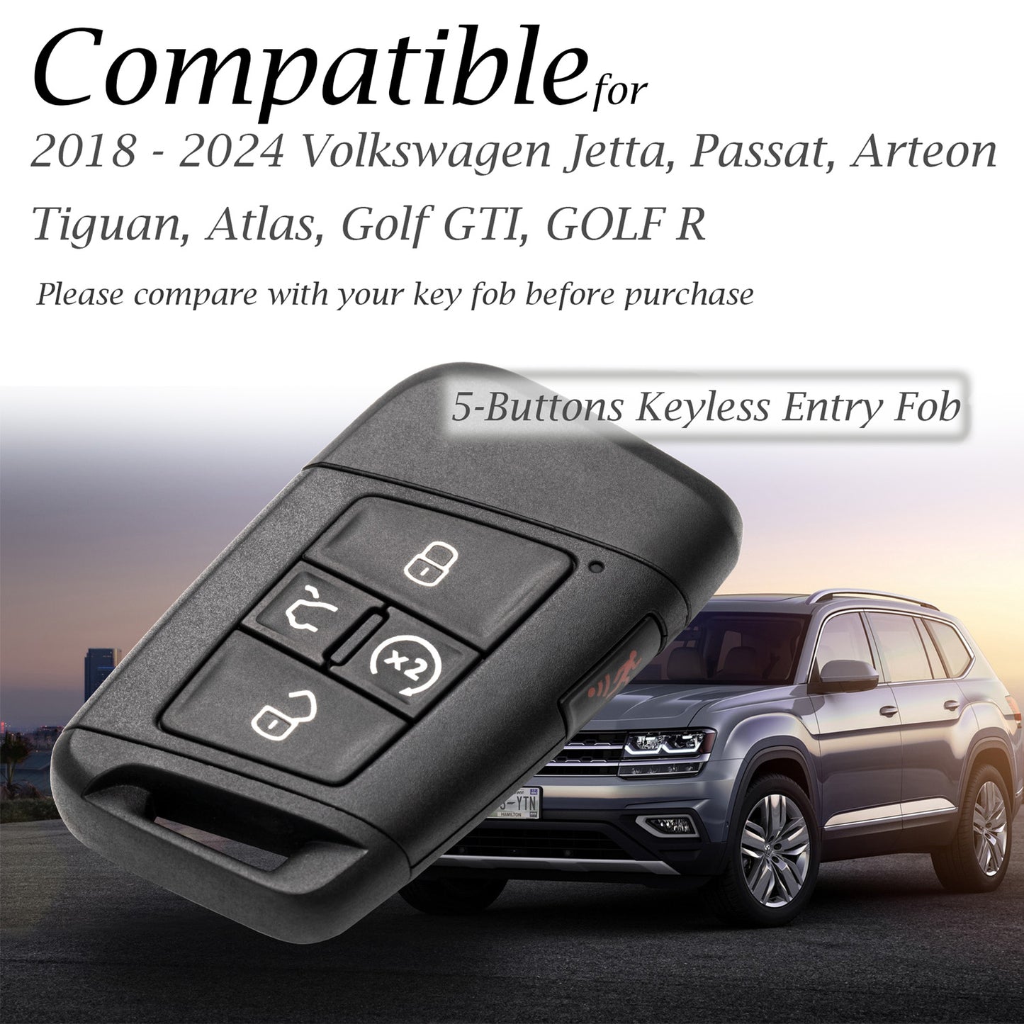 Vitodeco Genuine Leather Smart Key Fob Case Compatible with Volkswagen Atlas, Jetta, Passat, Arteon, Tiguan, Golf GTI, Golf R 2018 - 2024 , 5-Button