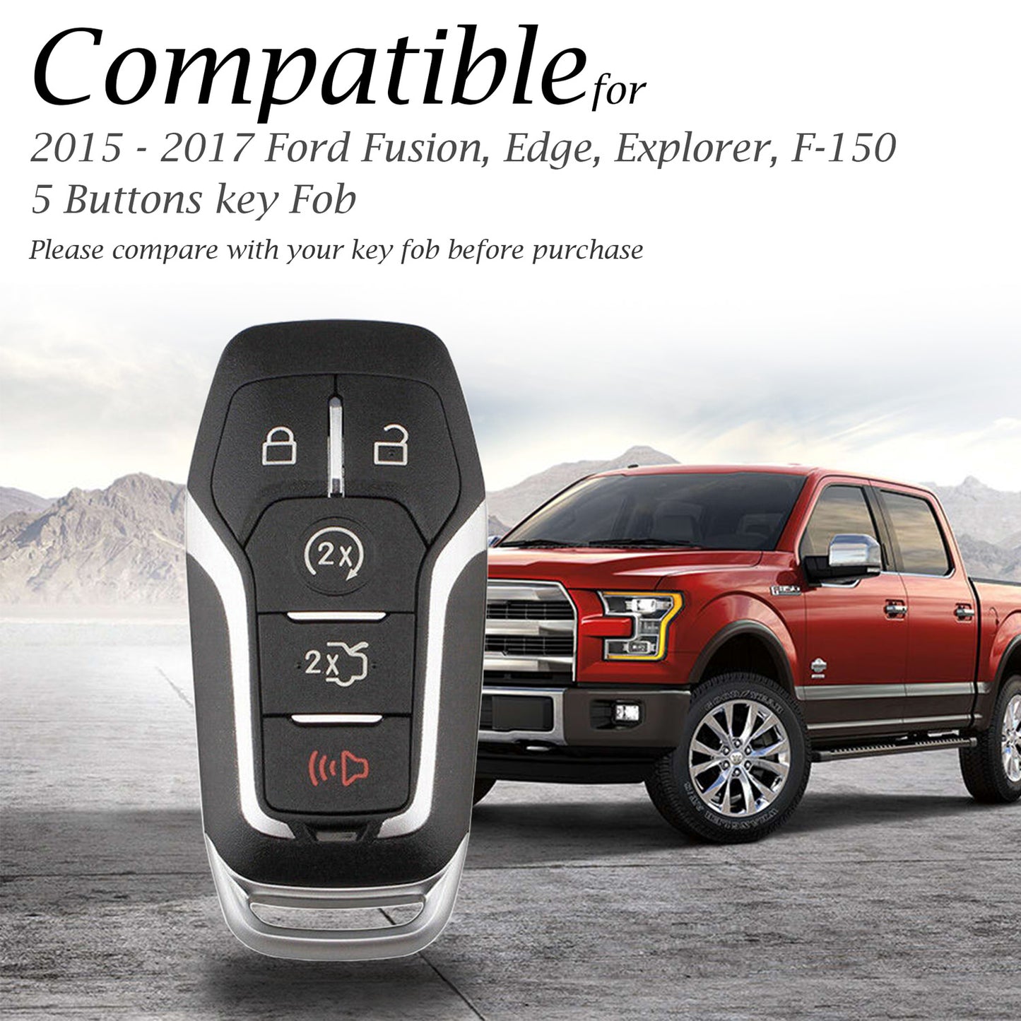 Vitodeco Genuine Leather Smart Key Fob Case Cover Protector Compatible for Ford Fusion, Explorer, Escape, Edge, F-150, Mustang (2015 - 2017 Models) - 5-Button