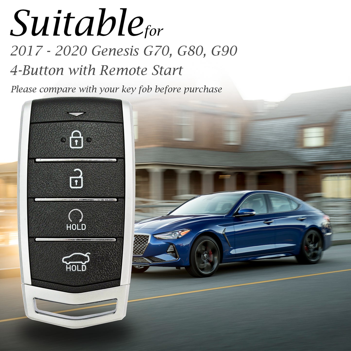 Vitodeco Leather Key Fob Case Compatible for 2017-2020 Genesis G70, G80, G90, Remote Start, 4-Button