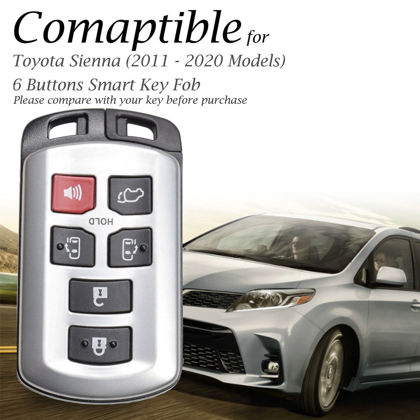 Vitodeco Genuine Leather Smart Key Keyless Remote Entry Fob Case Cover with Key Chain Compatible with Toyota Sienna (2011 - 2020 Models) - 6 Buttons