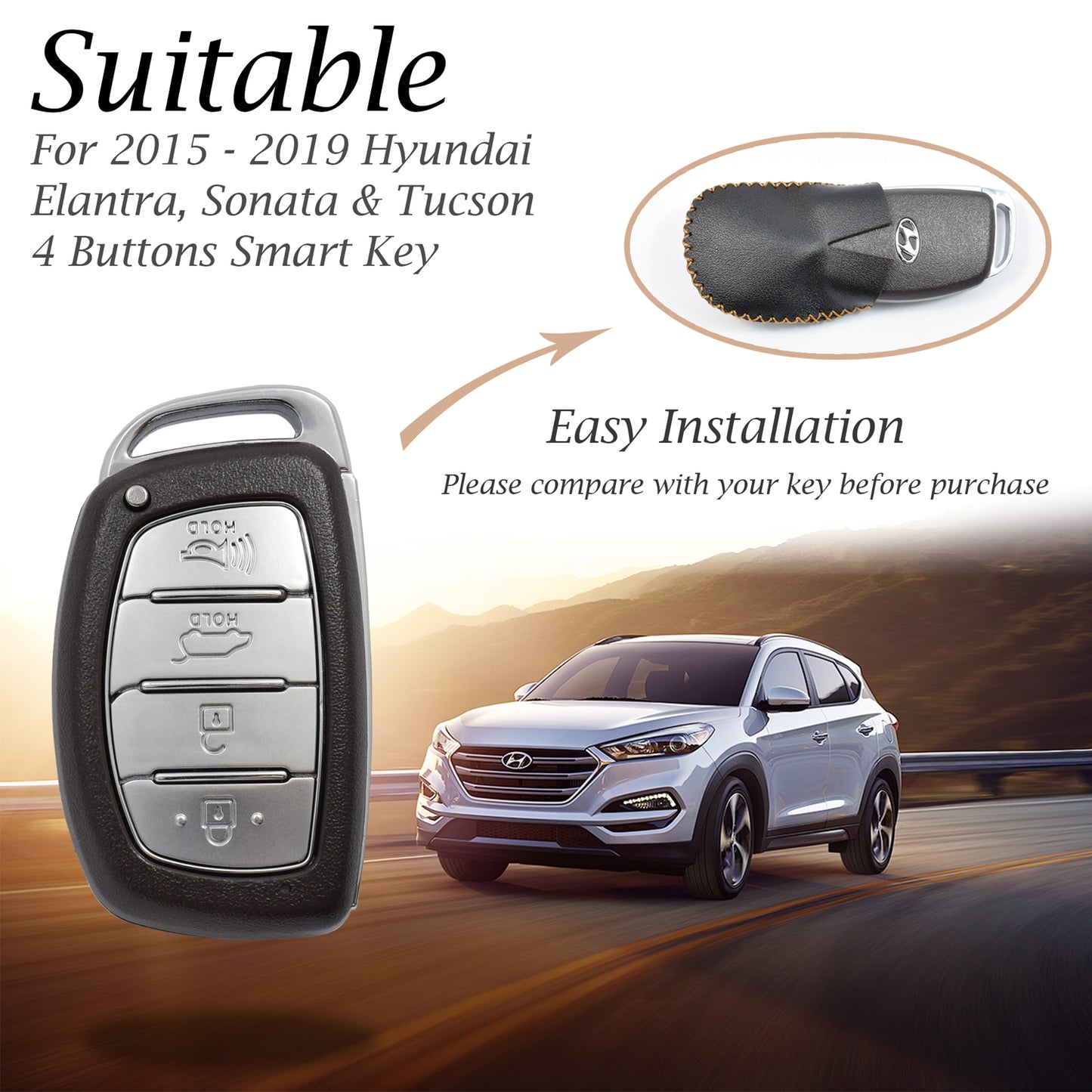 Vitodeco Leather Key Fob Case Compatible for Hyundai Elantra, Sonata, Tucson, 4-Button