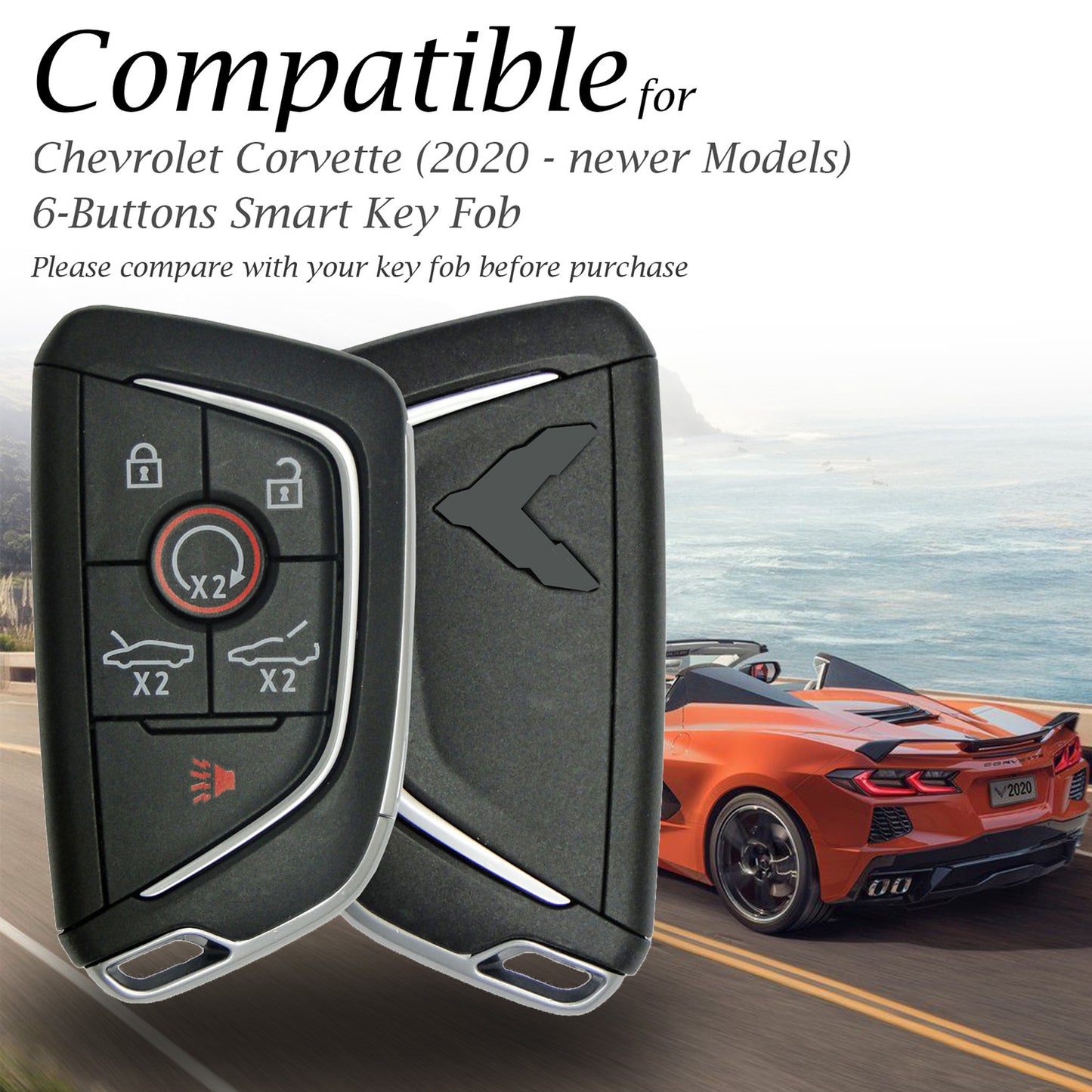 Vitodeco Genuine Leather Smart Key Fob Case with Leather Key Strap Compatible for Chevrolet Corvette (2020 - 2026 Models) - 6-Button