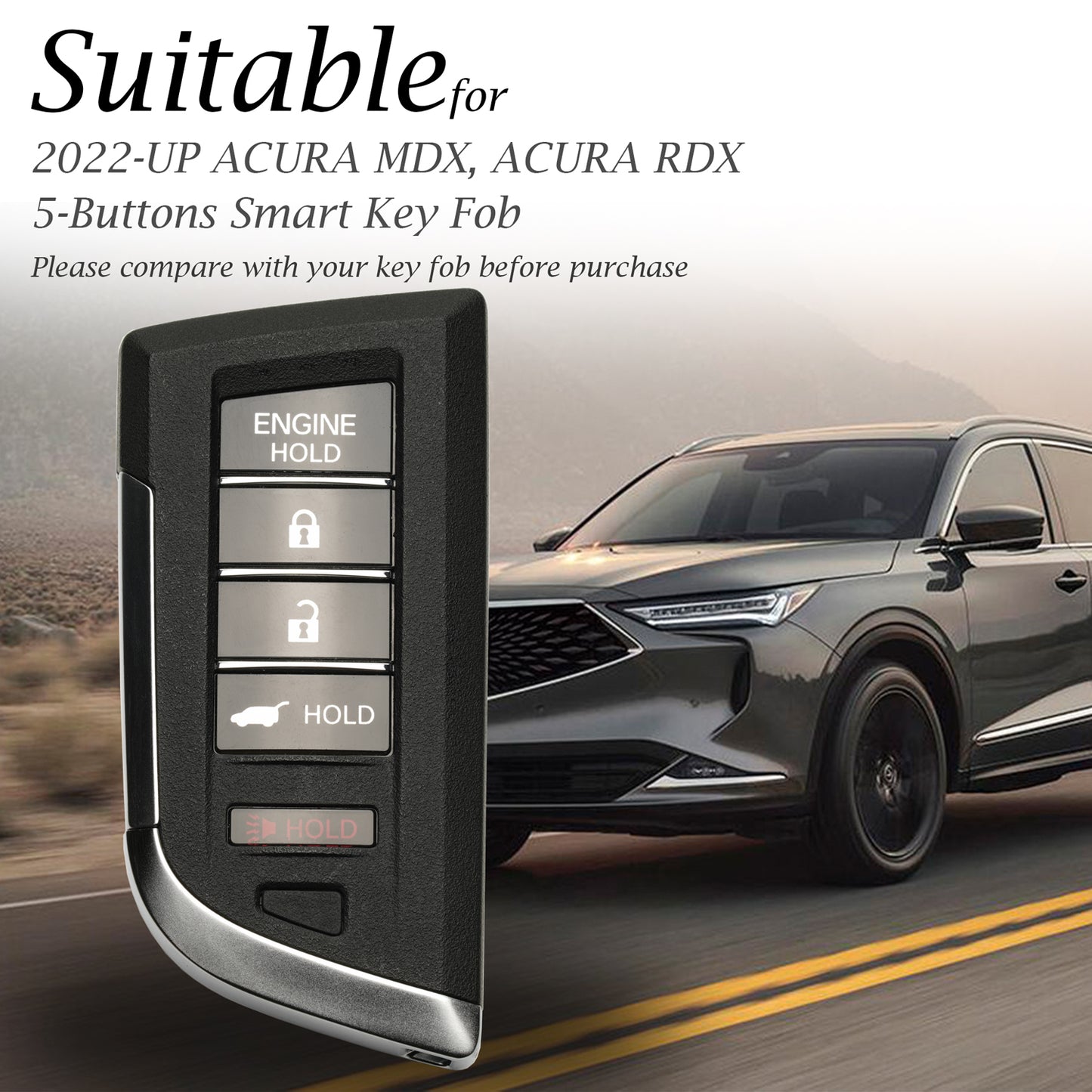 Vitodeco Genuine Leather Smart Key Fob Case with Leather Key Strap Compatible for Acura MDX, RDX, ADX, TLX, INTEGRA - 5-Button