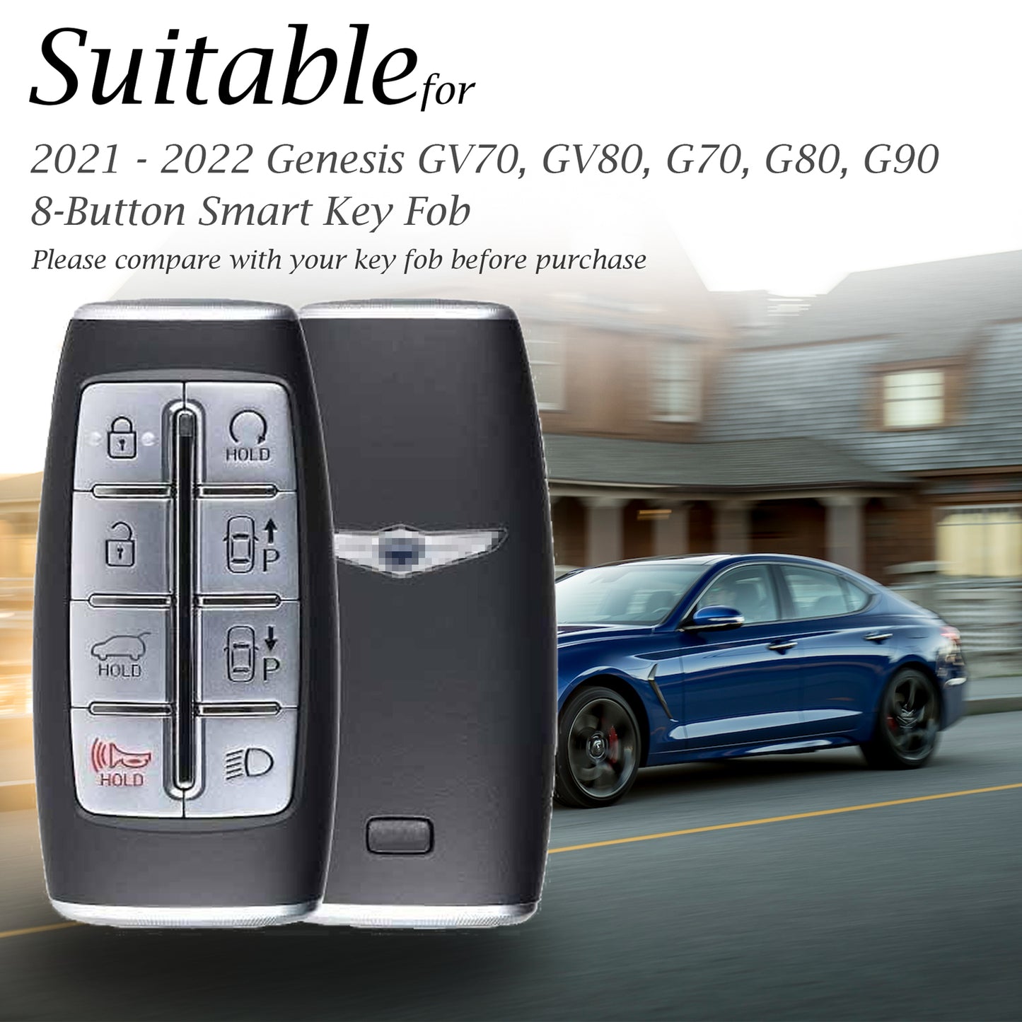 Vitodeco Leather Smart Key Fob Case Cover Protector Compatible with Genesis GV70, GV80, G70, G80 (2021-2025 Models) - 8-Button