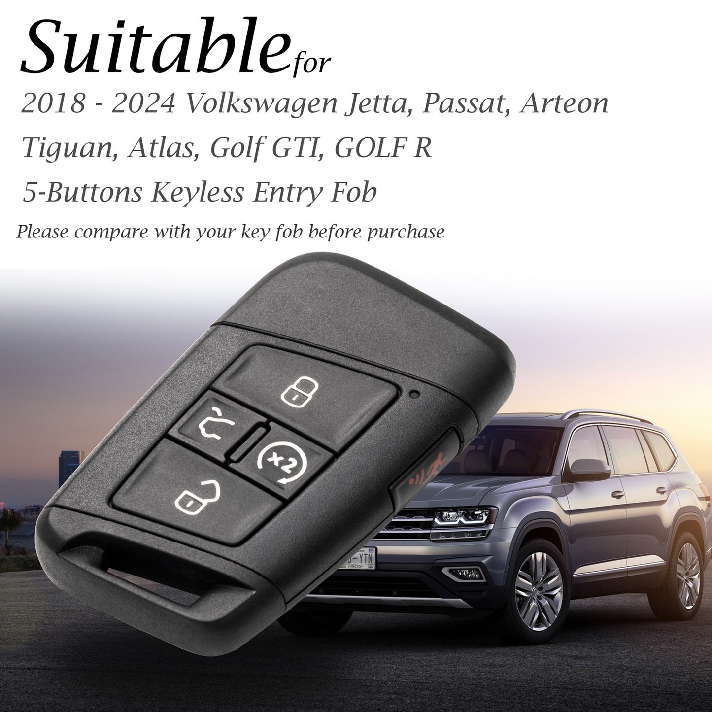 Vitodeco Leather Key Fob Case Compatible for Volkswagen Atlas, Jetta, Passat, Arteon, Tiguan, Golf GTI, Golf R 2018-2024, 5-Button