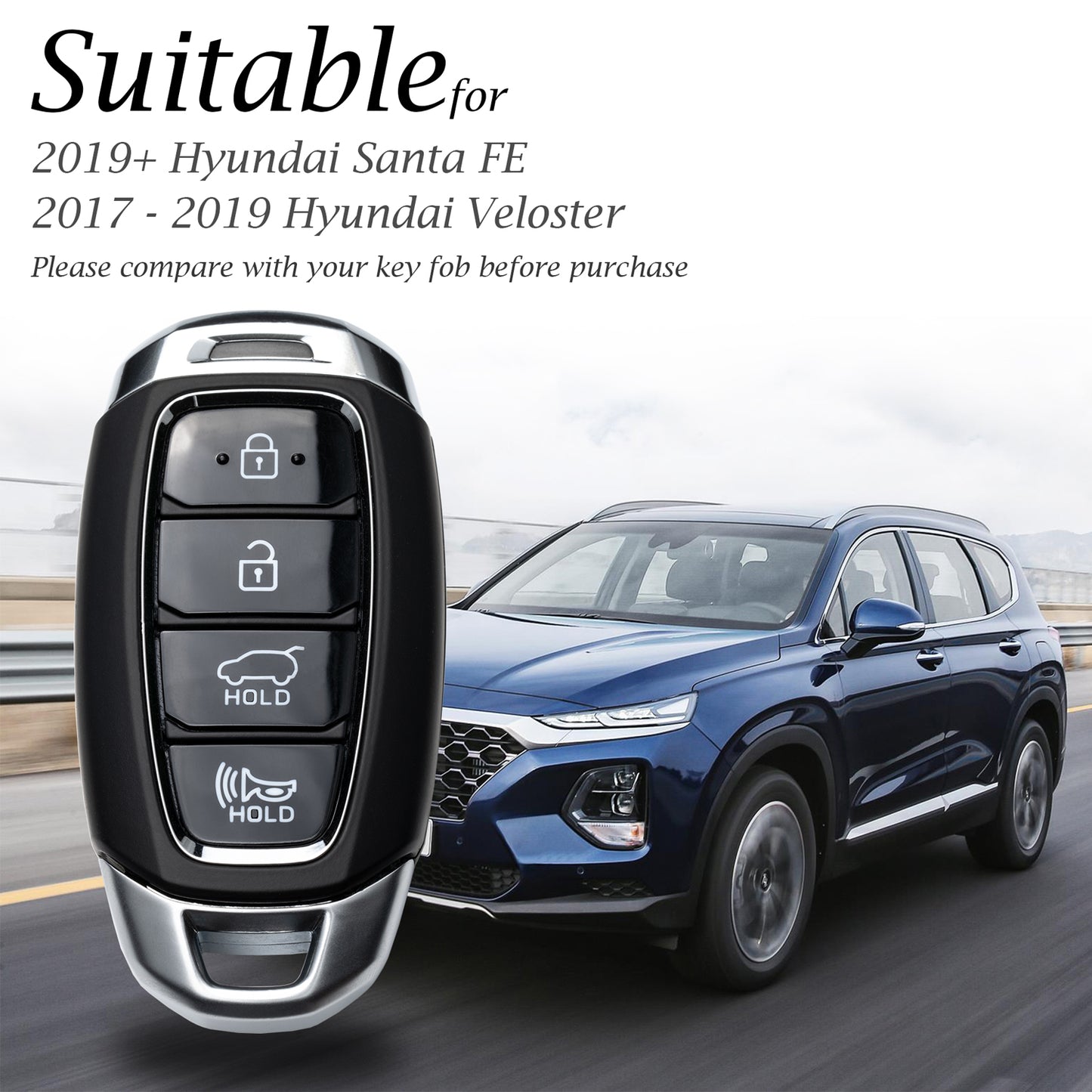 Vitodeco Leather Key Fob Case Compatible for 2017-2020 Hynundai Veloster, 2019-2020 Hyundai Santa FE, Hyundai Kona, 2020 Hyundai Accent, 4-Button