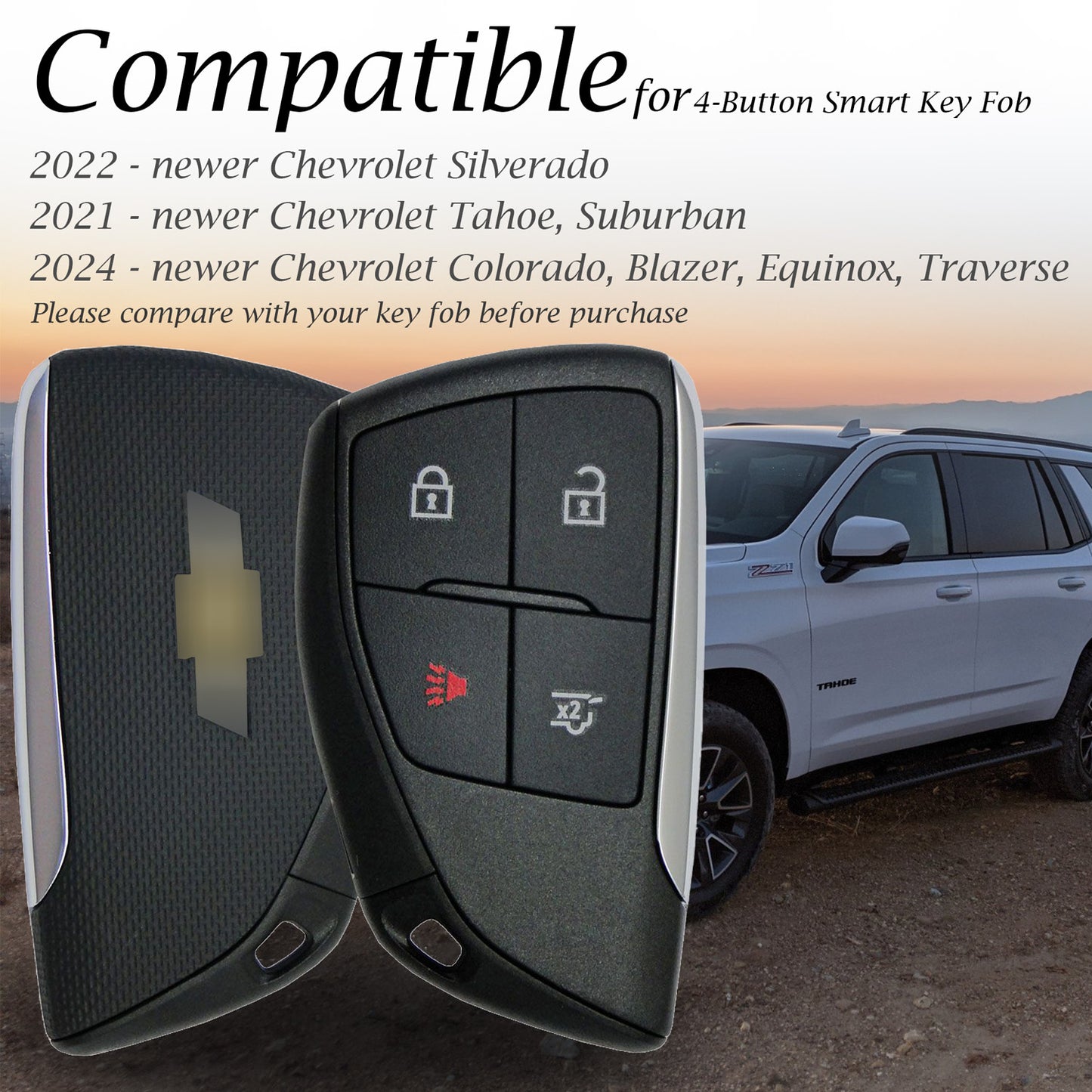 Vitodeco Leather Smart Key Fob Case Cover Protector Compatible with Chevrolet Silverado, Colorado, Suburban, Tahoe, Blazer, Equinox, Traverse - 4-Button