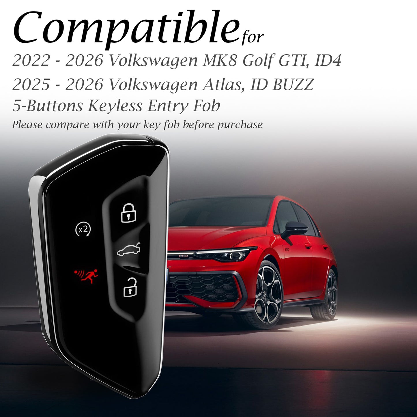 Vitodeco Genuine Leather Smart Key Fob Case Cover Protector Compatible with Volkswagen MK8 Golf GTI, ID4, Atlas ID Buzz (2022-2026 Models) - 5-Button