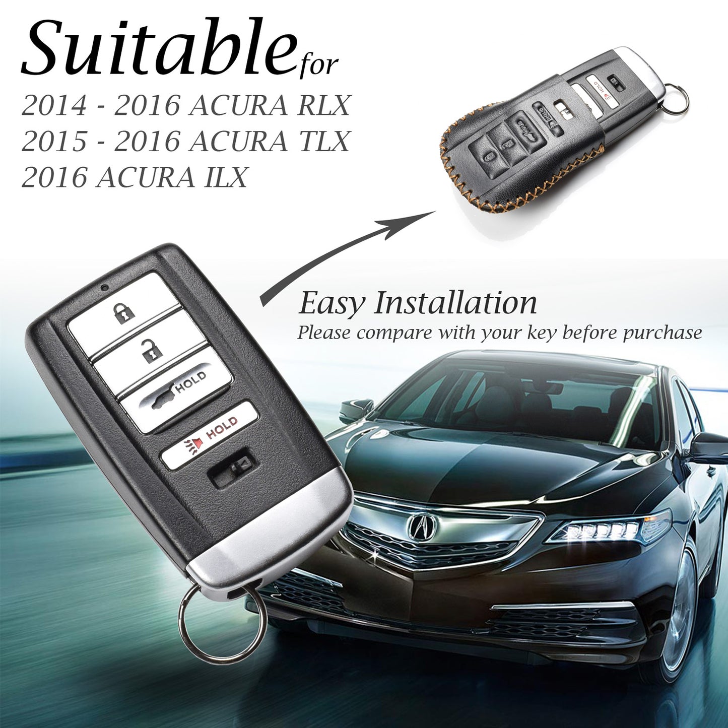 Vitodeco Leather Smar Key Fob Case Compatible with Acura RDX, MDX, ILX, TLX (2016-2020 Models) - 4-Button